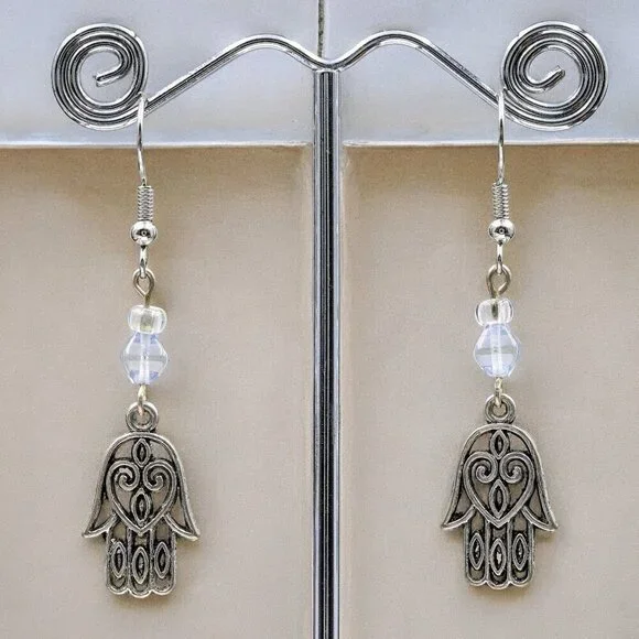 Handmade Hamsa Earrings with Blue Crystal - Picture 3 of 4